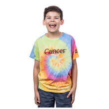 Child wearing a youth tie-dye shirt featuring the black cancer strikethrough logo on the chest area and the black UT MD Anderson logo on the sleeve.