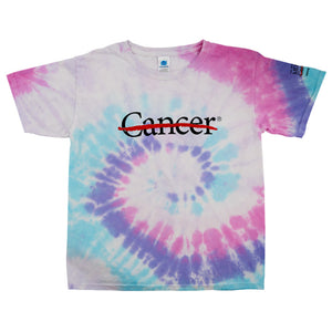 Youth Tie-Dye shirt featuring the black cancer strikethrough logo.