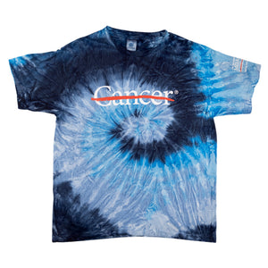 Youth blue tie-dye t-shirt with the white cancer strikethrough logo on the front and the full MD Anderson logo on the sleeve.
