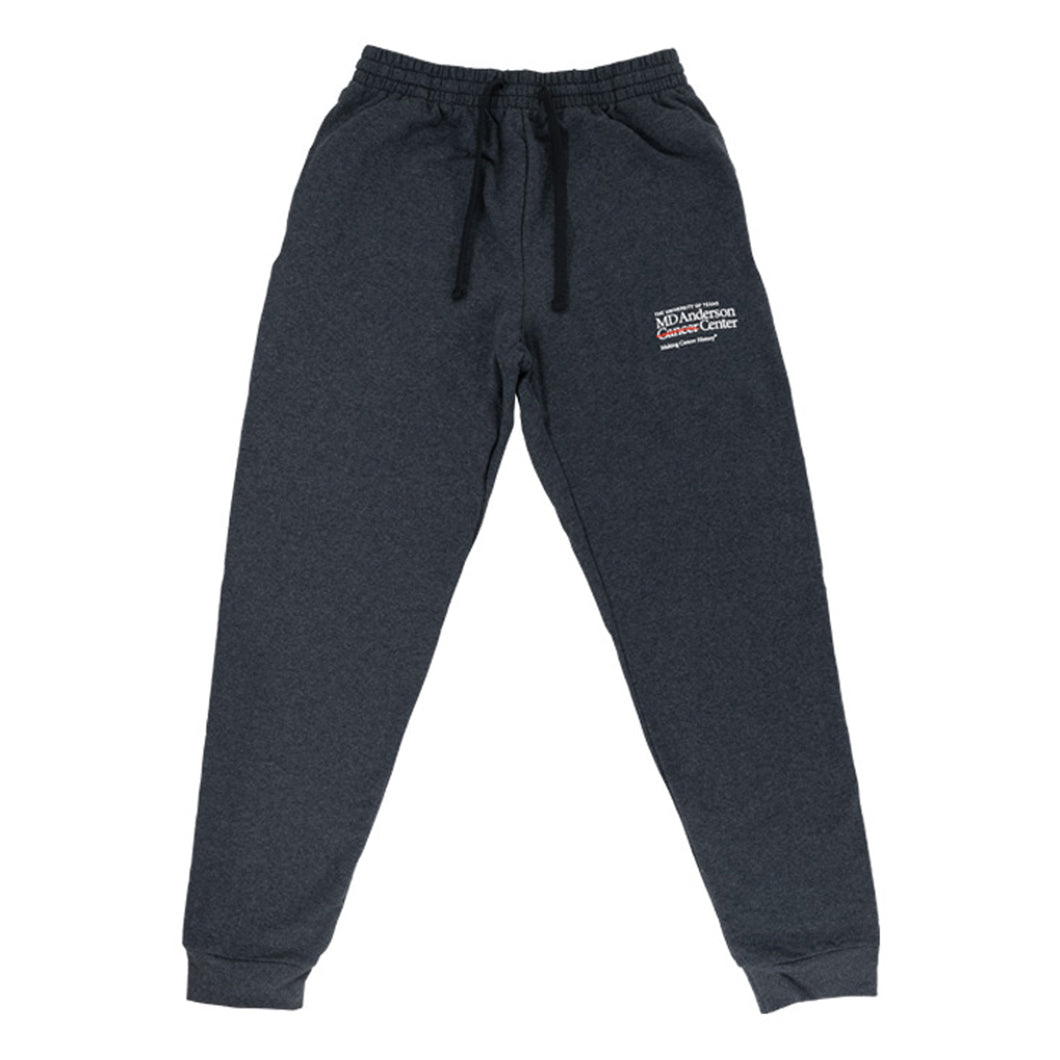 Heather black fleece jogger pants with the white MD Anderson logo embroidered on the upper thigh area.