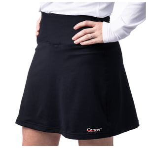  Black skort featuring the white cancer strikethrough logo on the bottom seam.