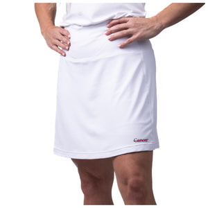 White skort featuring the black cancer strikethrough logo on the bottom seam.