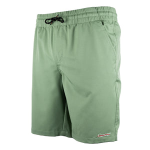 Basil green shorts featuring the white cancer strikethrough logo on the bottom left seam.