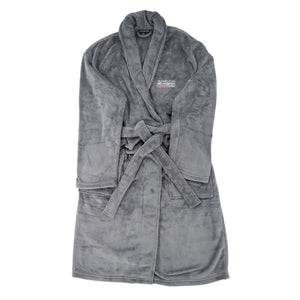 Gray plush robe with belt featuring the white MD Anderson logo on the chest area.