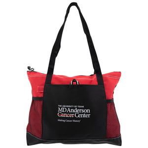 Red and  black tote with side mesh pockets featuring the white MD Anderson logo on the front.