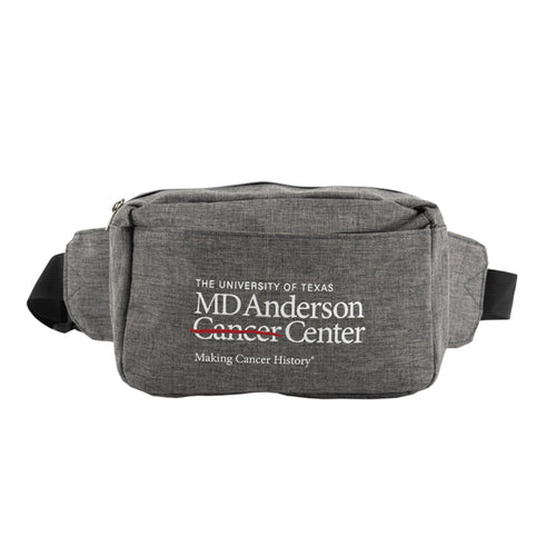 Grey fanny pack with black straps featuring the white MD Anderson logo.