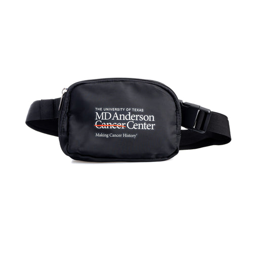 Black belt bag featuring the full white MD Anderson logo in the middle.