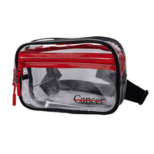 Clear belt bag with red zipper featuring the black cancer strikethrough logo on the bottom corner.