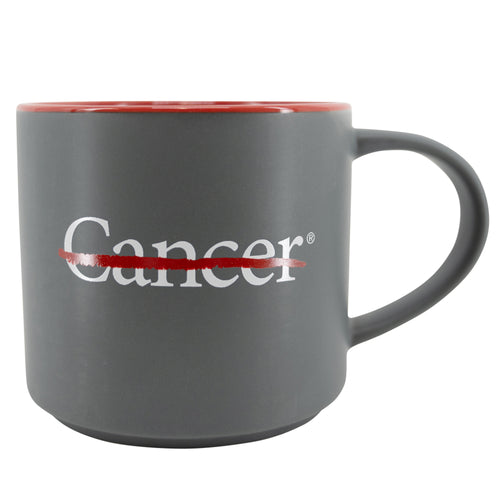 Gray mug with a a red interior featuring the white cancer strikethrough logo.