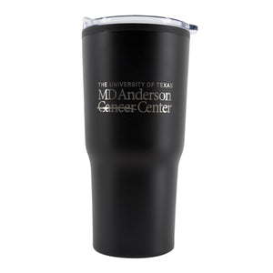 Black tumbler with plastic lid engraved with the MD Anderson logo in silver.