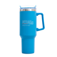 Turquoise 40 oz. travel mug with a handle, featuring the white MD Anderson logo on the front.