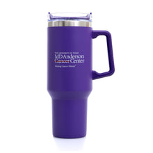 Purple 40 oz. travel mug with a handle, featuring the white MD Anderson logo on the front.