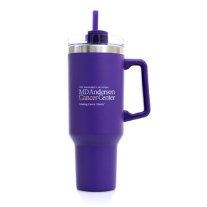 Purple 40 oz. travel mug with a straw and handle, featuring the white MD Anderson logo on the front.