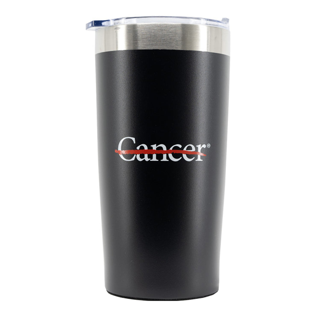 Black tumbler with plastic lid featuring the white cancer strikethrough logo.