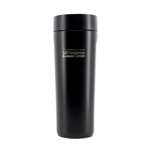 Black Corkcicle cup with lid engraved with the silver MD Anderson logo.