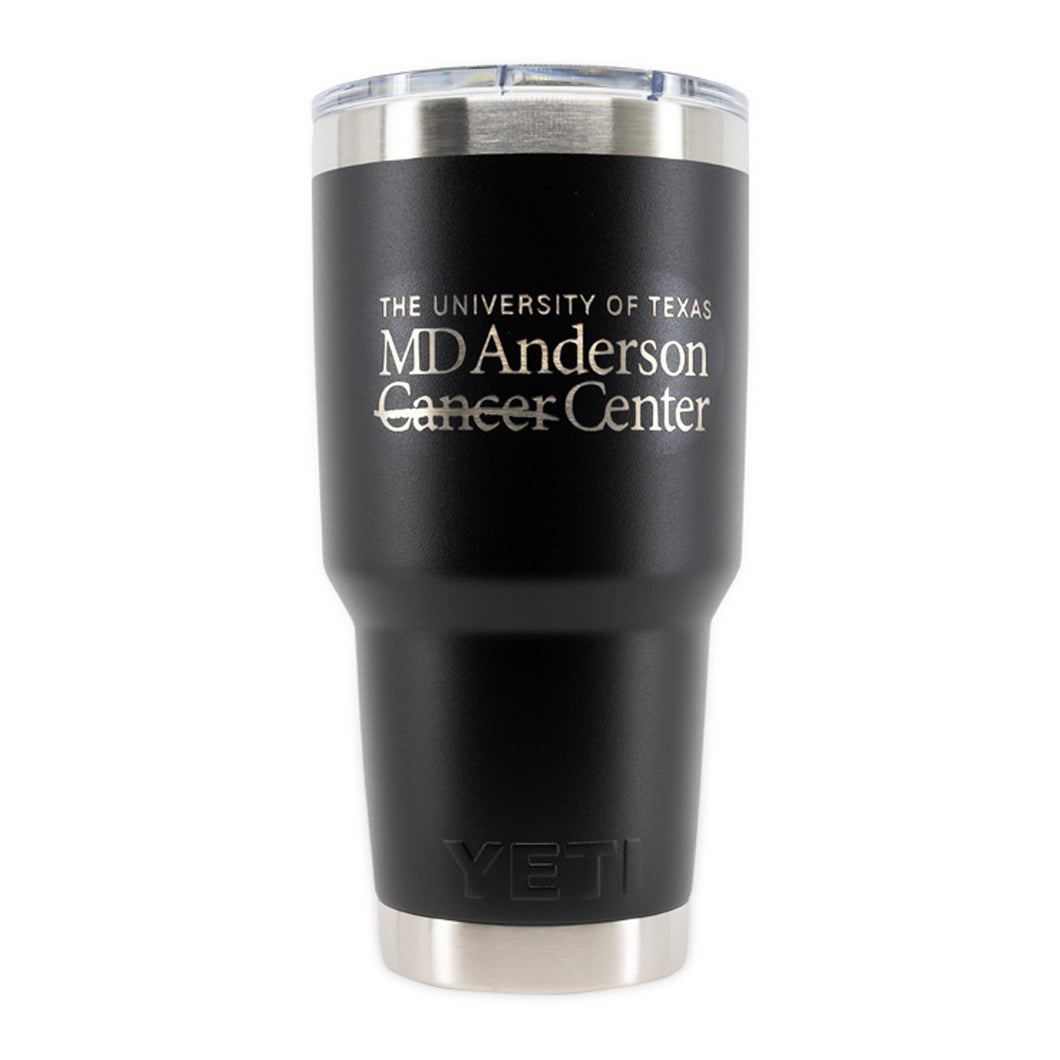 Black 30oz. YETI tumbler featuring the MD Anderson logo displayed on the front.