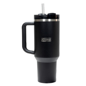 Black 40oz Stanley tumbler with silver engraved MD Anderson logo and a plastic straw.