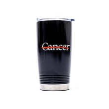 Black 16 oz. tumbler featuring the white cancer strikethrough logo in the middle.