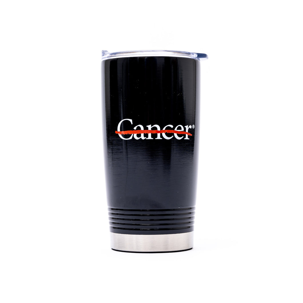 Black 16 oz. tumbler featuring the white cancer strikethrough logo in the middle.