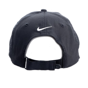 Back of black Nike cap featuring the white Nike swoosh.