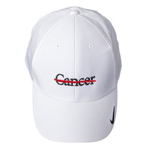White Nike cap with the black cancer strikethrough logo featured in the center, and the Nike swoosh on the front left side.