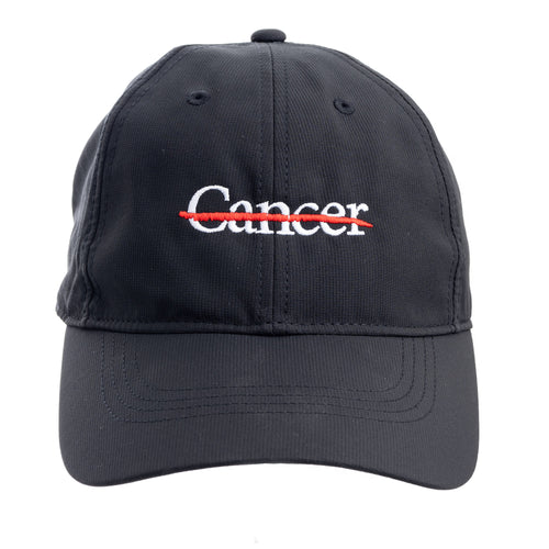 Black Nike cap with the white cancer strikethrough logo featured in the center.