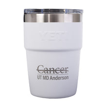 White YETI 16 oz Rambler Tumbler featuring the full UT MD Anderson logo etched on the front.