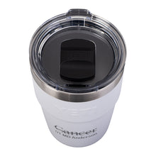 White YETI 16 oz Rambler Tumbler featuring the full UT MD Anderson logo etched on the front and a clear lid.