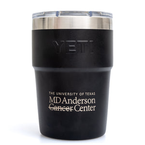 Black YETI tumbler featuring the white MD Anderson logo in the middle along with the YETI logo.