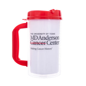 Clear 32oz. tumbler with red lid and thick straw featuring the full black MD Anderson logo and the ounce capacity measurements.