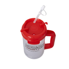 Clear 32oz. tumbler with red lid and thick straw featuring the full black MD Anderson logo and the ounce capacity measurements.