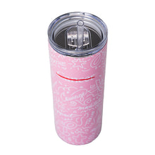 Pink 20 oz. tumbler featuring the white cancer strikethrough logo and a "graffiti" like design with words like "courage, support, breathe, and thrive". Also featuring the plastic lid and plastic straw,