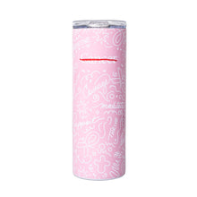 Pink 20 oz. tumbler featuring the white cancer strikethrough logo and a "graffiti" like design with words like "courage, support, breathe, and thrive".