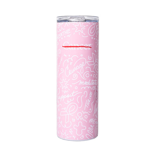 Pink 20 oz. tumbler featuring the white cancer strikethrough logo and a 