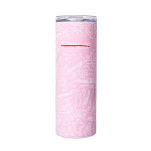 Pink 20 oz. tumbler featuring the white cancer strikethrough logo and a "graffiti" like design with words like "courage, support, breathe, and thrive".
