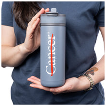 Slate gray ASOBU tumbler featuring the white cancer strikethrough logo.