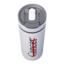 Top of white ASOBU tumbler with lid and flip-up straw.