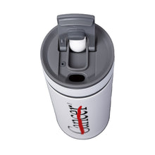 View of top of the white ASOBU tumbler with the straw flipped up.