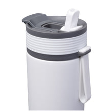 Lid of white ASOBU tumbler with flip-up straw.