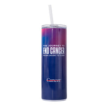 Multicolor gradient tumbler in blue and magenta featuring the tagline "Journey to End Cancer, from cause to cure" and the white cancer strikethrough logo, with a plastic straw.