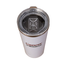 Top view of white CORKCICLE tumbler featuring the plastic lid with sliding top.
