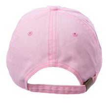 Baseball cap in pink featuring the back view with an adjustable fabric strap and brass buckle.