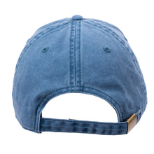 Baseball cap in denim featuring the back view with an adjustable fabric strap and brass buckle.