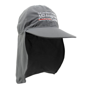 Gray sun shade cap with neck protector featuring the white MD Anderson logo.