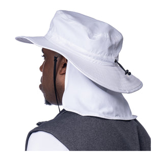 MD Anderson employee wearing a white brim hat featuring the black cancer strikethrough logo.