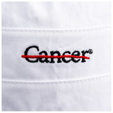 Closeup of black cancer strikethrough logo.