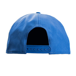 Back of blue cap showing adjustable strap.