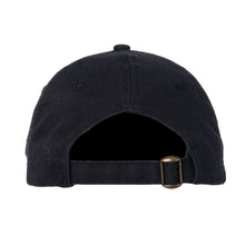 Back view of black cap featuring the brass buckle closure.