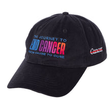 Black cap featuring the multicolor gradient tagline "The Journey to End Cancer from Cause to Cure".