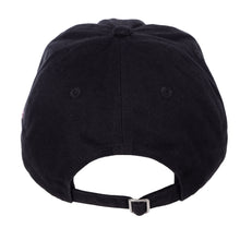 Back view of a black adjustable baseball cap featuring an adjustable strap with an antique brass tri-glide buckle.